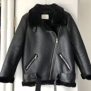 Zara Faux Fur Collar Biker Aviator Jacket